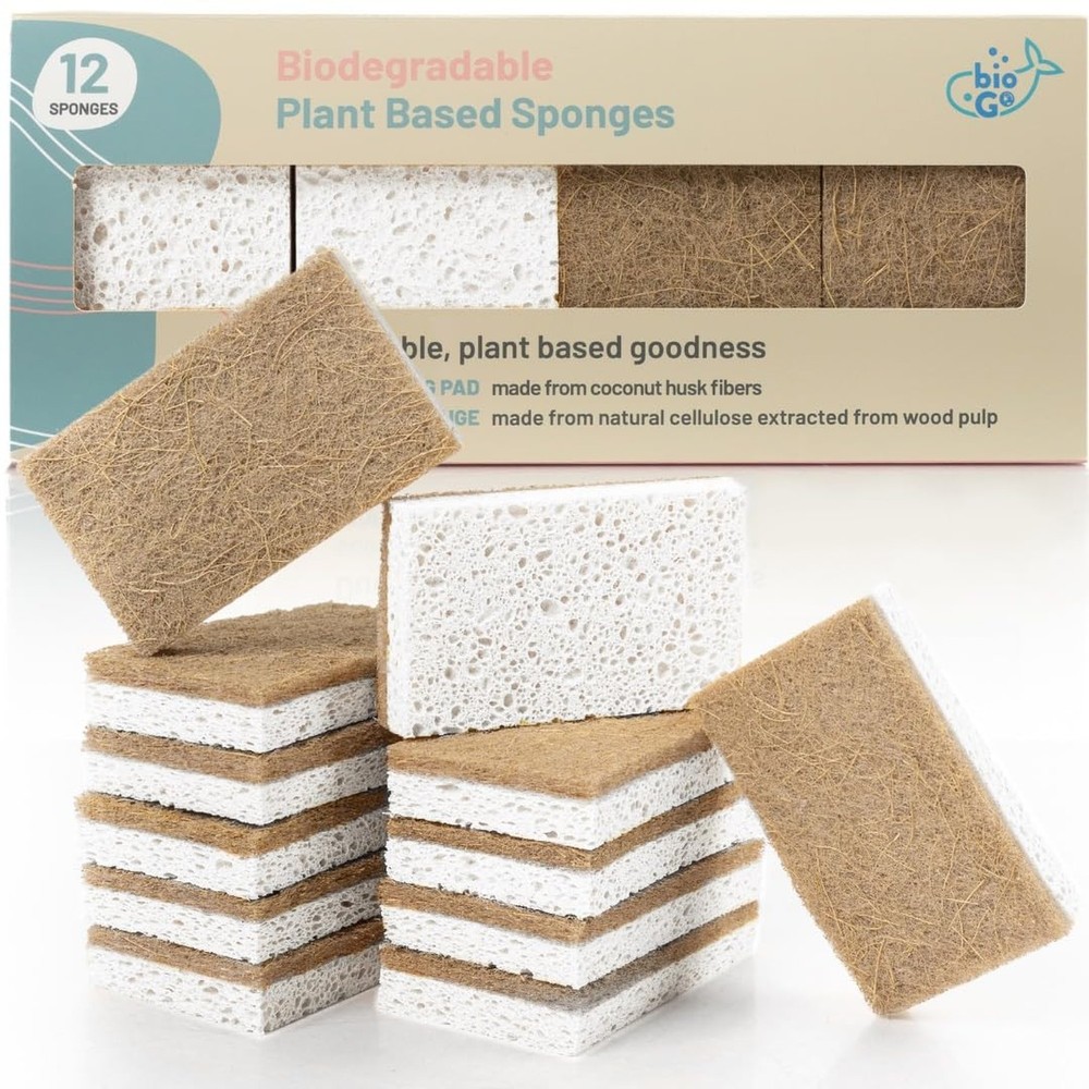 bioGo White 12 Pack Biodegradable Kitchen Sponge - Eco-Friendly, Compostable,...