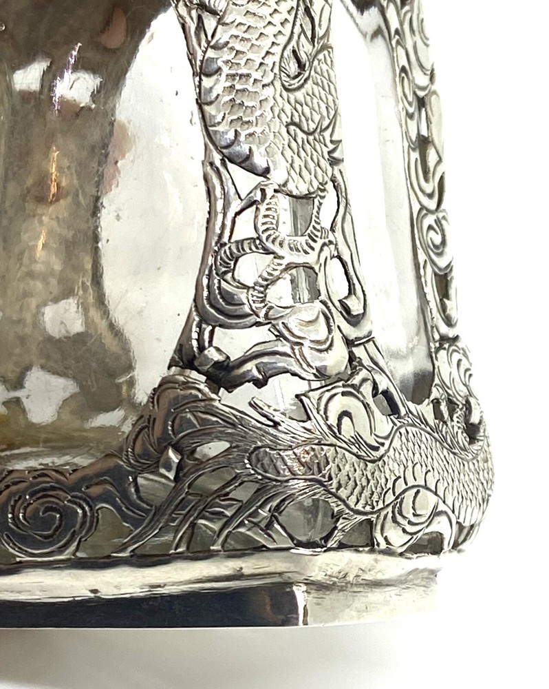 Antique Asian Signed Silver Overlay Dragon Pattern Bitters Bottle 5” 143g