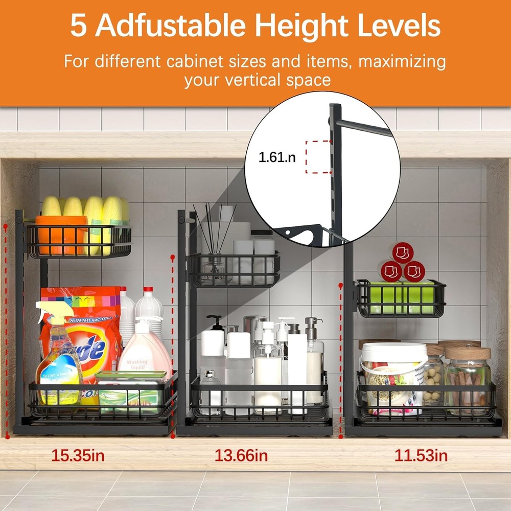 Under Sink Organizer Adjustable Height Pull-Out Kitchen Storage