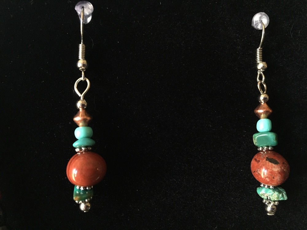 TURQUOISE Red JASPER Earrings Silver Wires Copper Bead