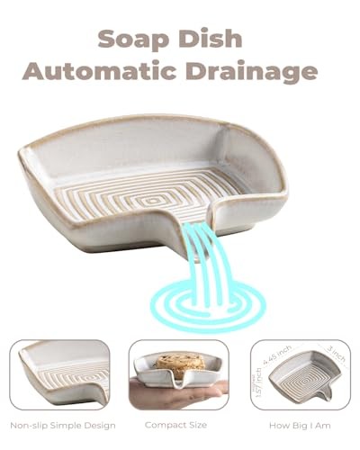 Soap Dishes, Ceramic Shower Soap Dish with Waterfall Rectangular Beige White