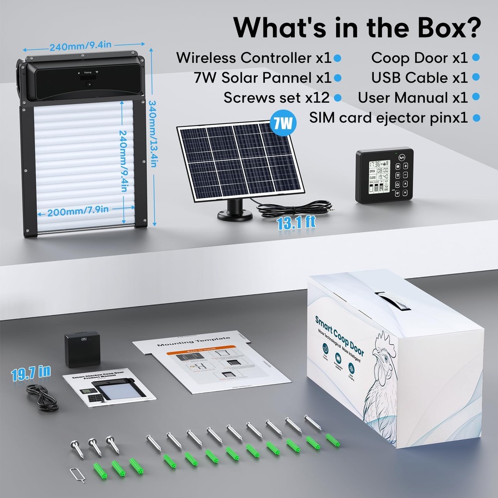 Automatic Chicken Coop Door with Remote Display, Solar Powered Roll-up Chicke...