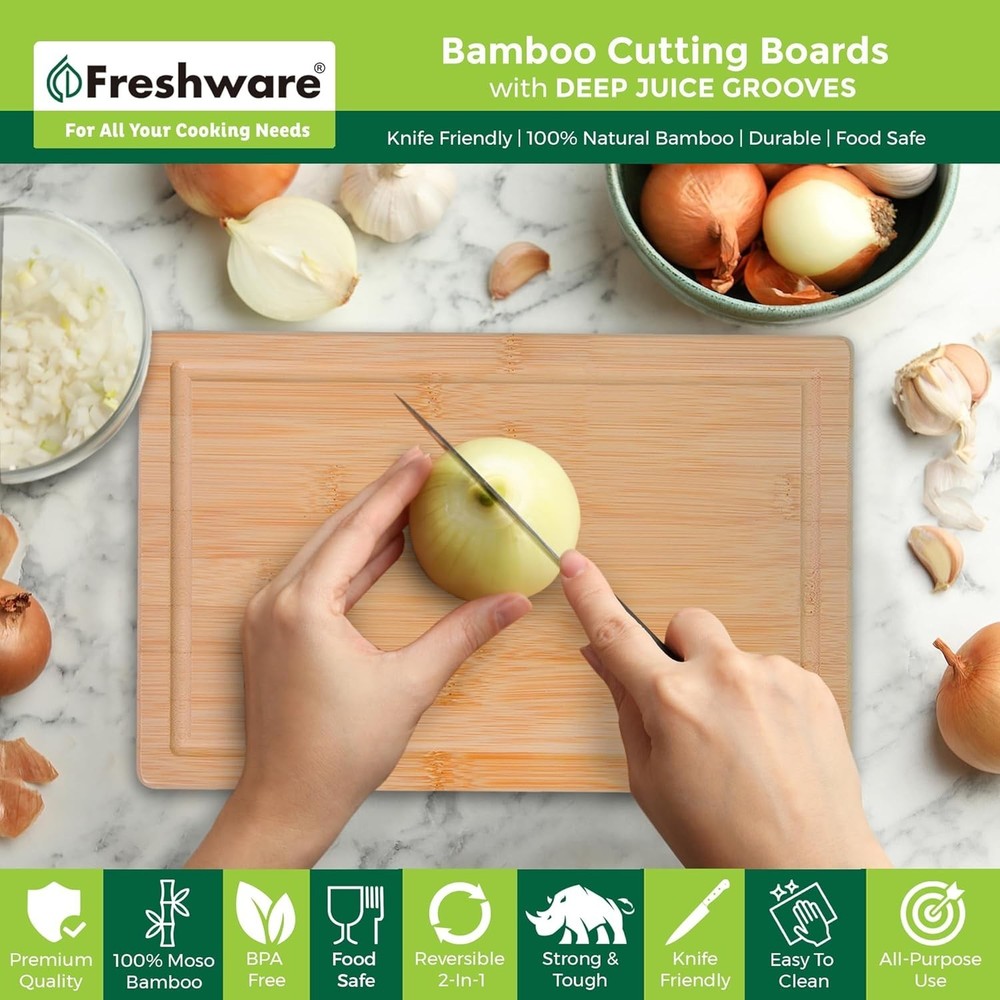 Multi-Functional Bamboo Chopping Board Set with Easy Grip Handle & Juice Grooves