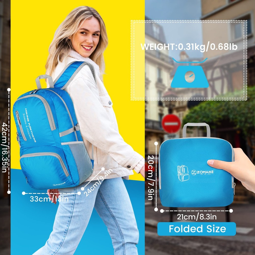 35L Lightweight Packable Backpack, Light Blue, Foldable, Water Resistant, Hike