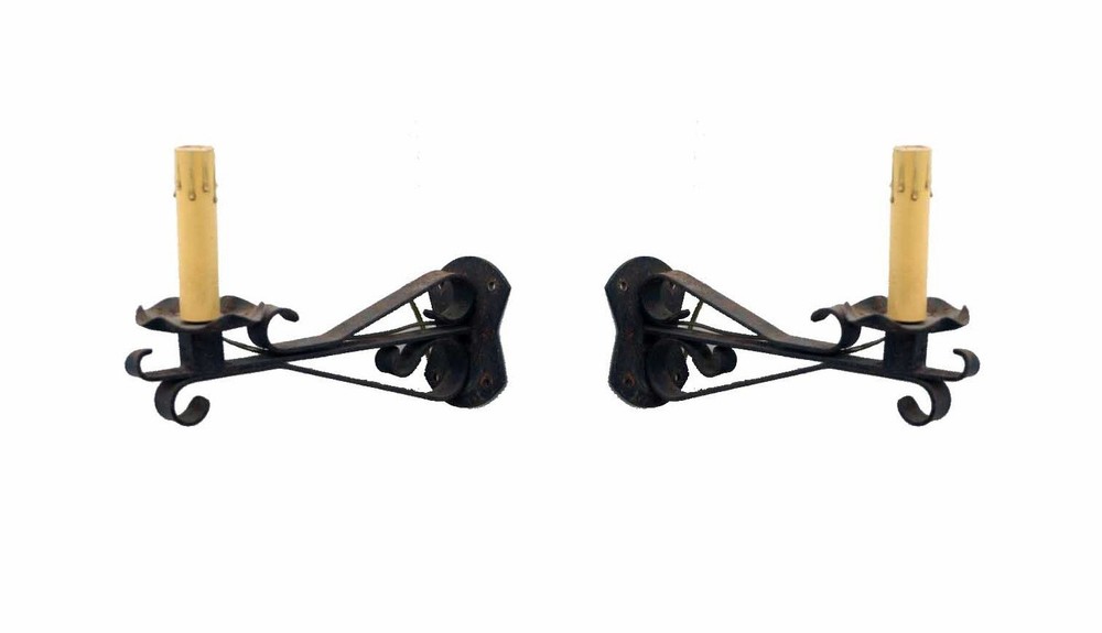 Pair of Colonial Black Wrought Iron Wall Sconces