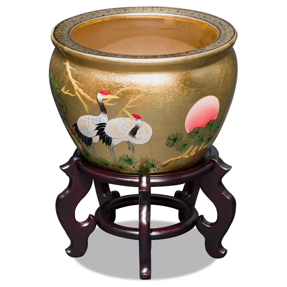 US Seller - 12 Inch Gold Leaf Longevity Cranes Chinese Fishbowl Planter