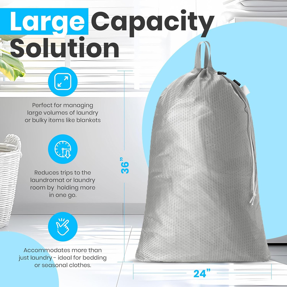 Large Mesh Laundry Bags - 2-Pack Heavy Duty with Handles & Drawstring - Machine