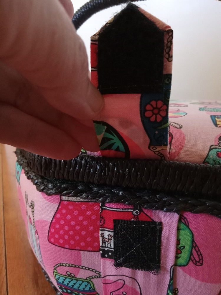 Sewing Box Hexigon Shaped Padded Pink w/ Black Wicker Handle 9" Diameter