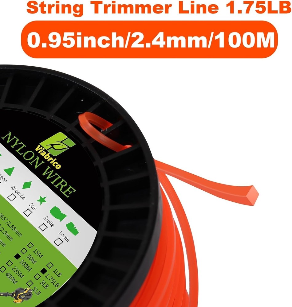 String Trimmer Line Square Orange Heavy Duty Weed Eater String 095"x1.7LB, 100M