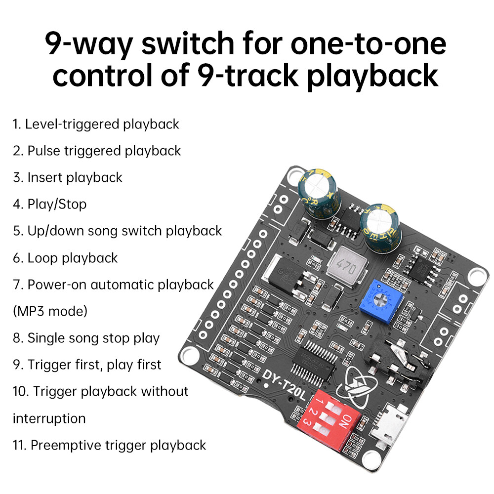 20W 9 Way MP3 Player Voice Playback Module DC6-35V D-class Custom Audio Board