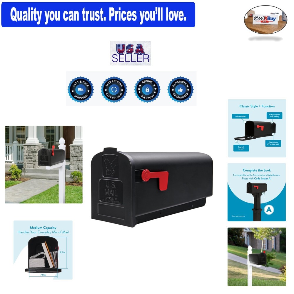 Parsons Medium Capacity Black Plastic Post Mount Mailbox USPS Approved