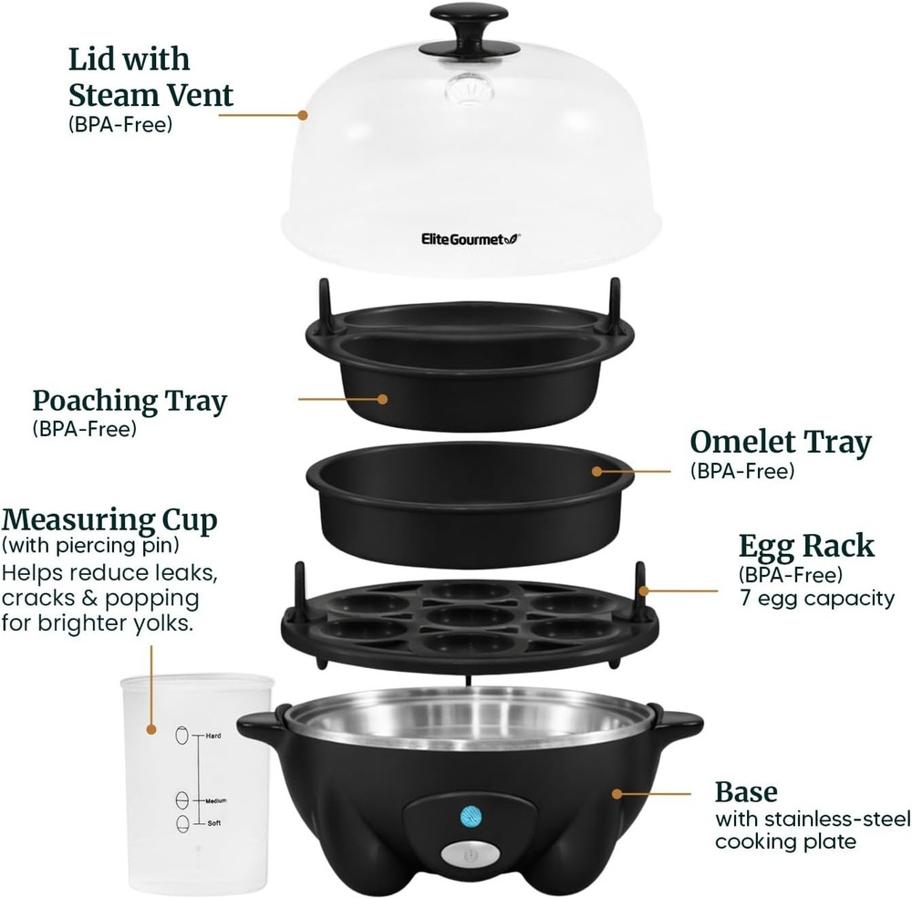 Rapid Egg Cooker 7 Egg Capacity Auto Shut-Off Poacher Omelet Maker Black