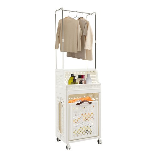 White Rolling Folding Laundry Organizer 3Tiers Laundry Basket with Wheels &Shelf