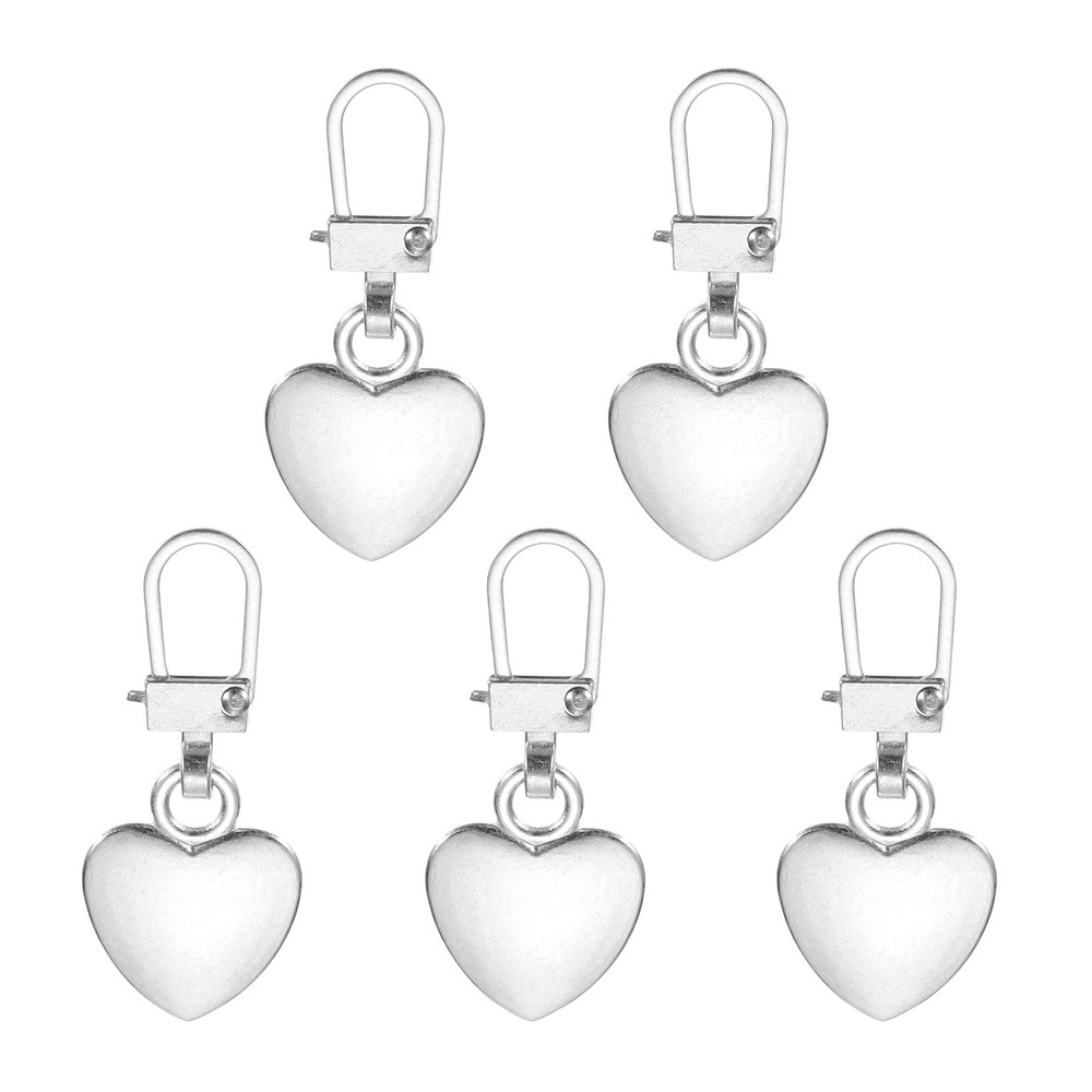 Zipper Pull Charm 5 Pcs Heart Shape Zipper Pull Replacement, Silver Tone