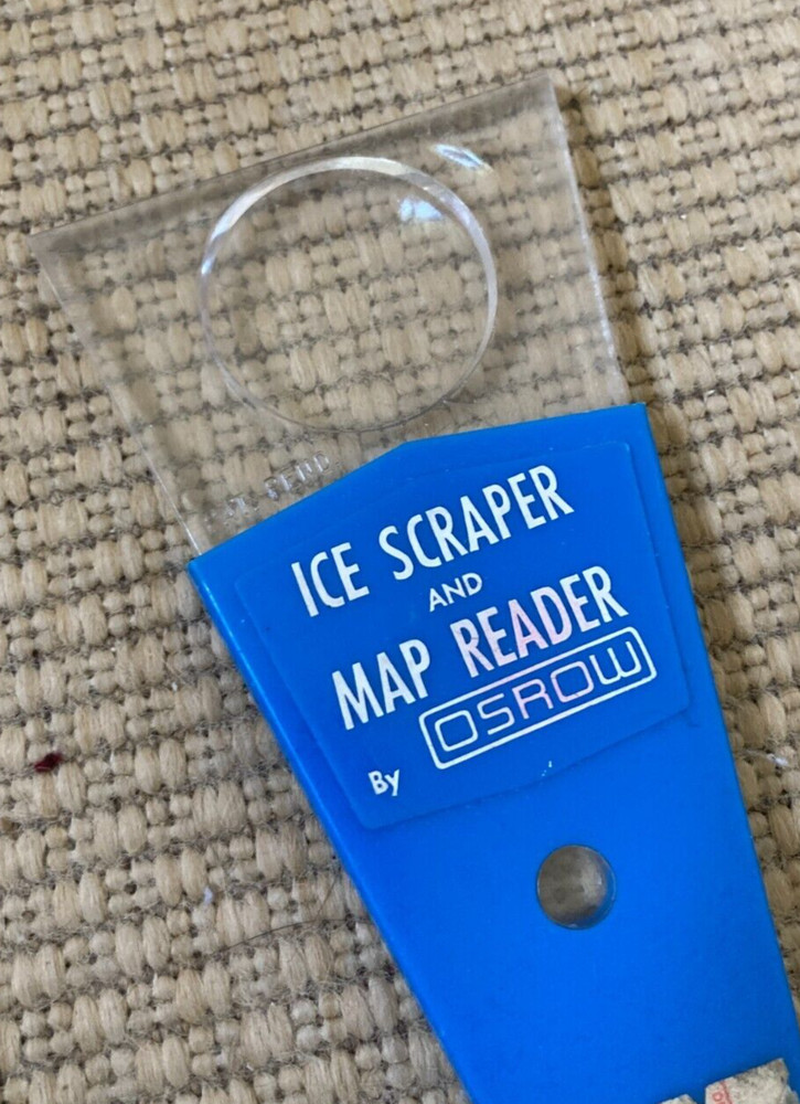 Vintage 7 1/2 inch Osrow Ice Scraper With Map Reader Magnifier Blue