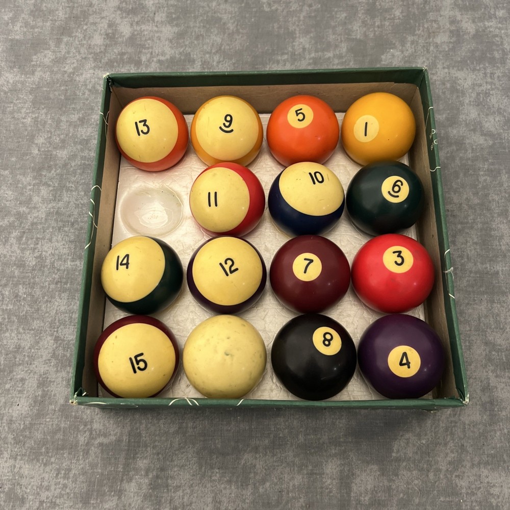 Vintage Striped Pool Ball Set w/ Original Box – 2¼″ Regulation Size (Missing #2)