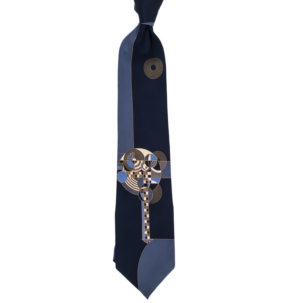 Frank Lloyd Wright Necktie Mens OS Blue Eclipsing Circles Geometric 100% Silk