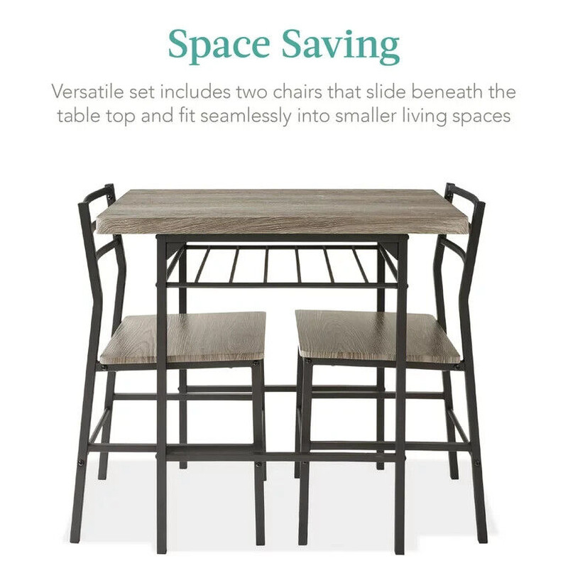 3 Piece Dining Set Gray Black Storage Compact Kitchen Dining Room Square Modern