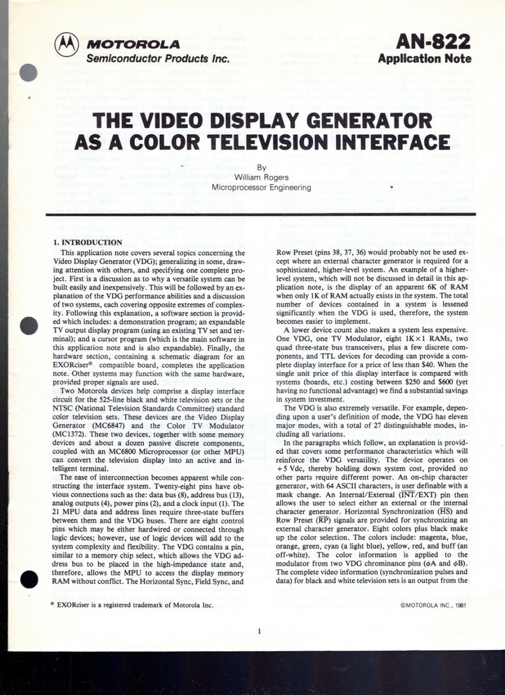 Motorola Application Note 822 Video Display Generator as a Color TV Interface