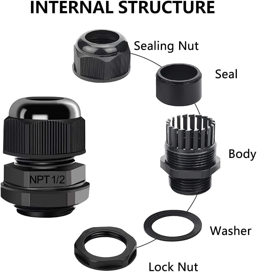 Cable Glands Waterproof NPT 1/2 Inch Nylon 12 Pack Electrical Connectors