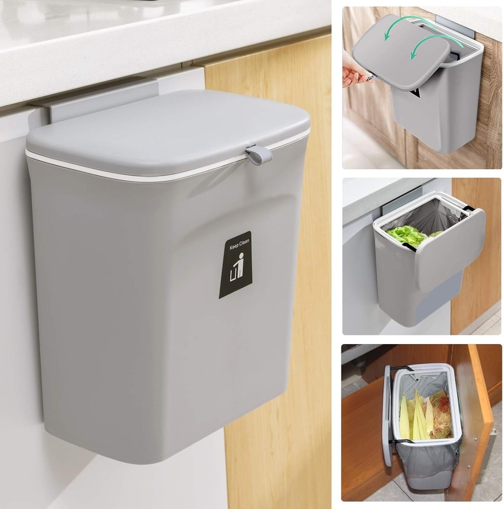 Gray 2.4 Gallon Kitchen Compost Bin - Versatile, Wall-Mount Design for Any Space