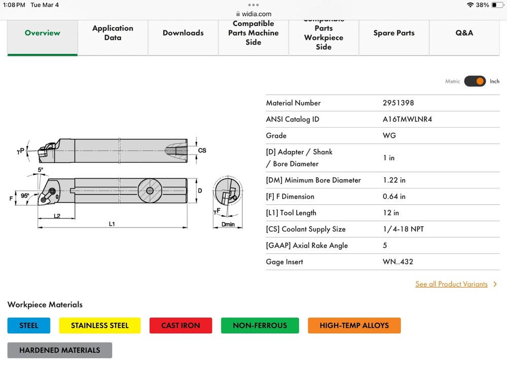 WIDIA 1” Indexable Boring Bar A16TMWLNR4