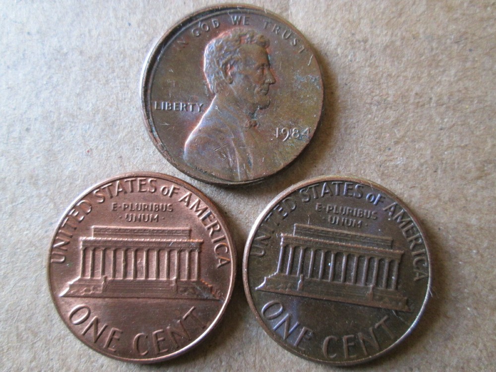 1984-P MEMORIAL CENT ERRORS, (1) MIS- ALIGNED DIE & 2 REV DIE CRACKS, XF, CIRC