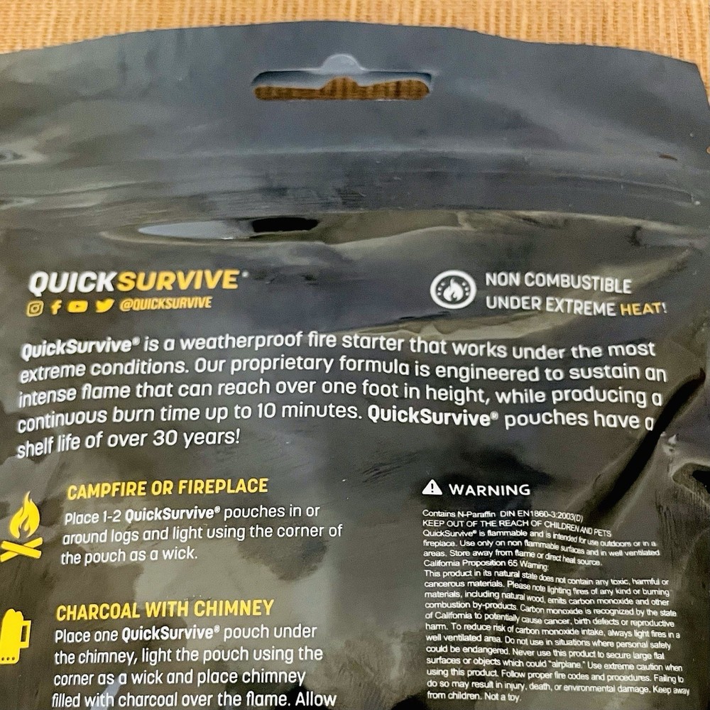 Quick Survive Fire Starter Pouches 100% Waterproof Intense Flame Formula