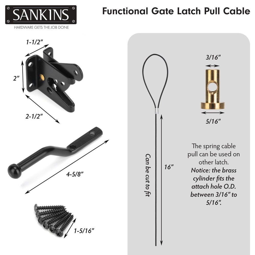 2 Pcs Self-Locking Gate Latch with Spring Cable Pull for Wooden Fence Gate He...
