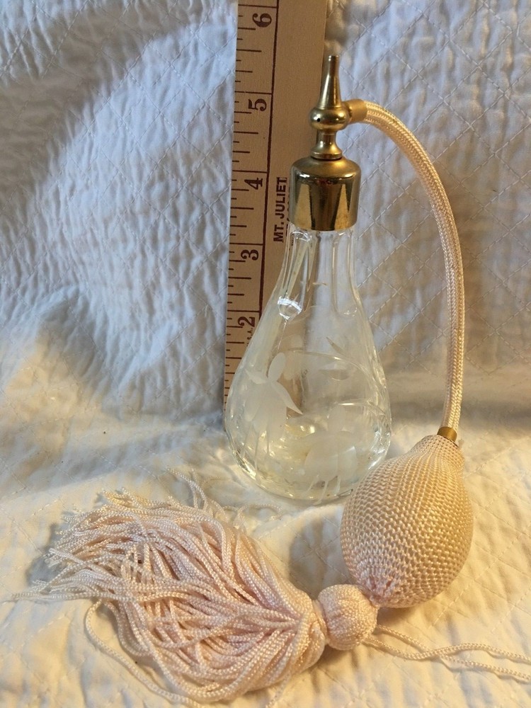 Clear Cut Glass Etched FLOWER Atomizer PERFUME Bottle