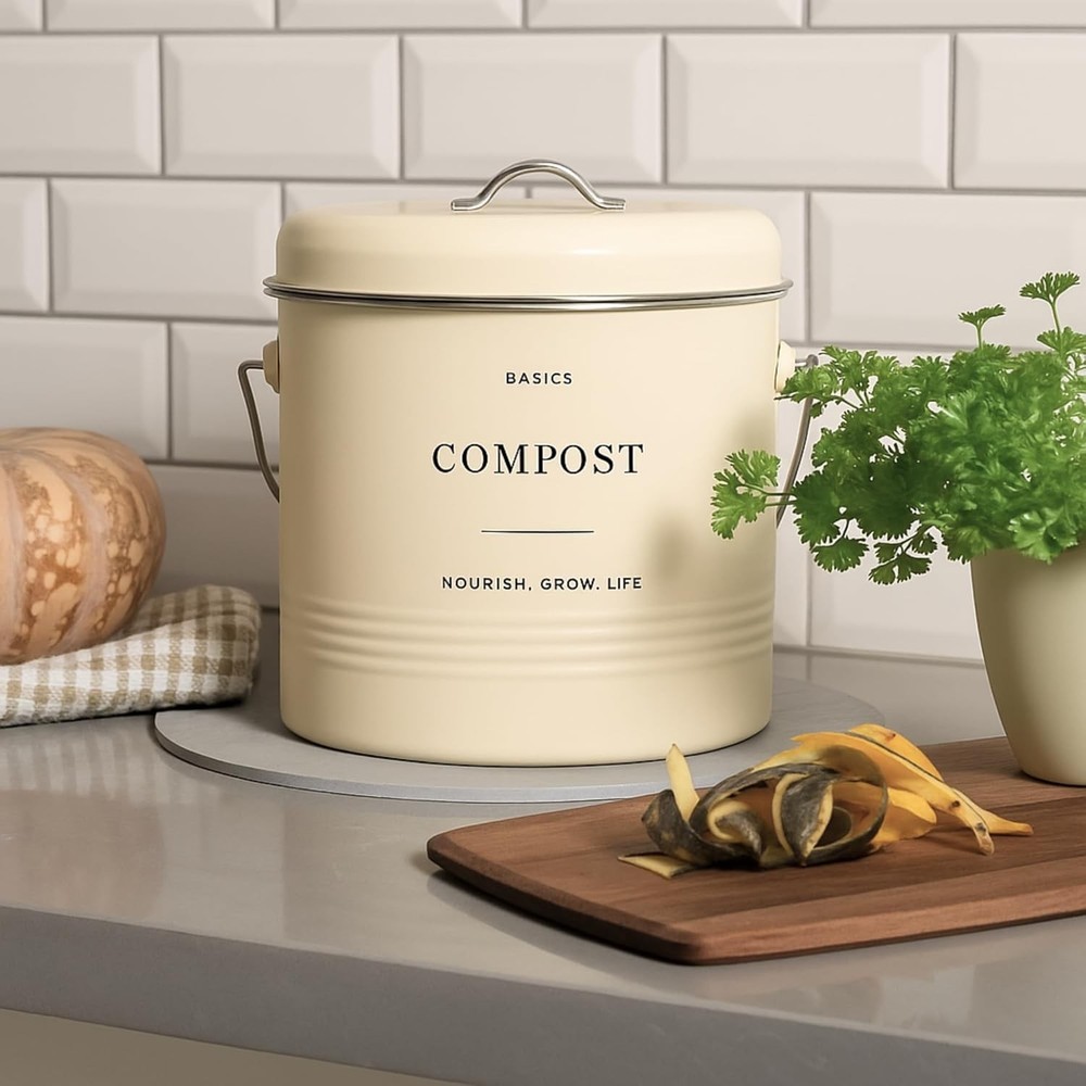 Kitchen Compost Bin – 1.3 Gallon Countertop Farmhouse Compost Container W/ Lid