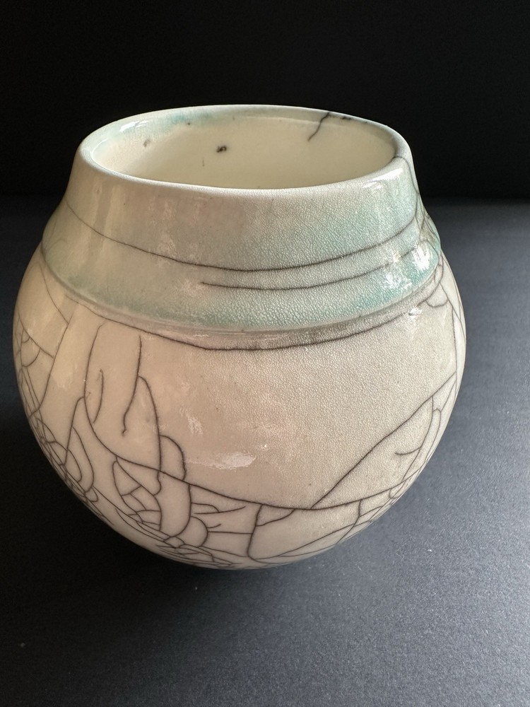 Raku Studio Pottery Vase Crackle Aqua Signed 5″×4.5”