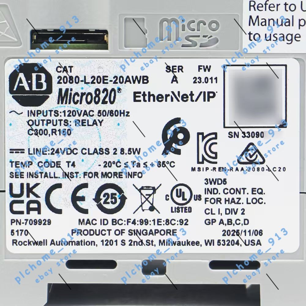 New Allen Bradley 2080-L20E-20AWB Micro820 20 I/O ENet/IP Controller