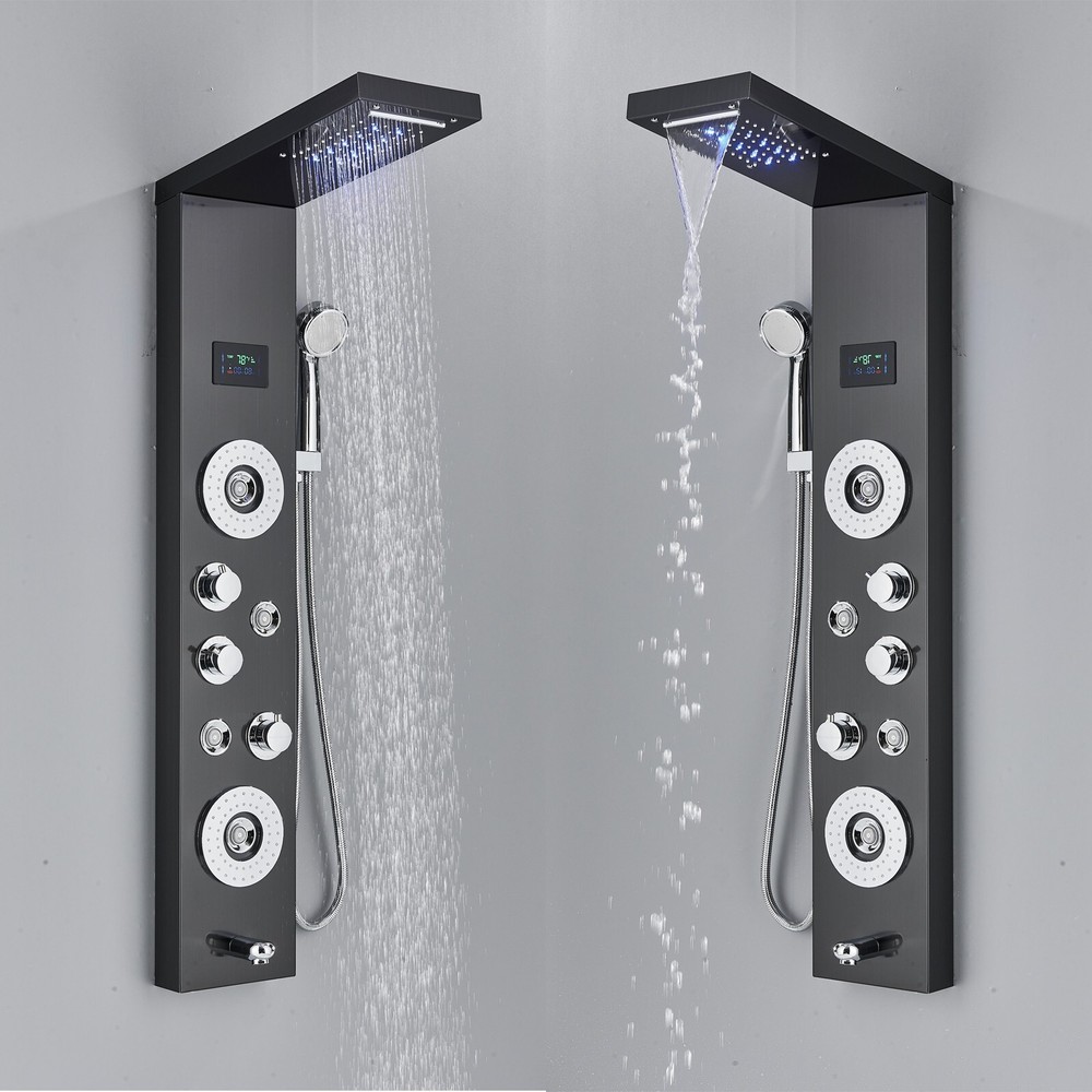 Matte Black LED Rainfall Waterfall Shower Panel Tower System Back Massage Jets
