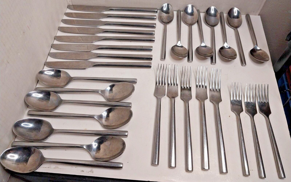 HANFORD FORGE HF LTD STAINLESS STEEL FLATWARE 6-SIDED HANDLE, 31pc USED