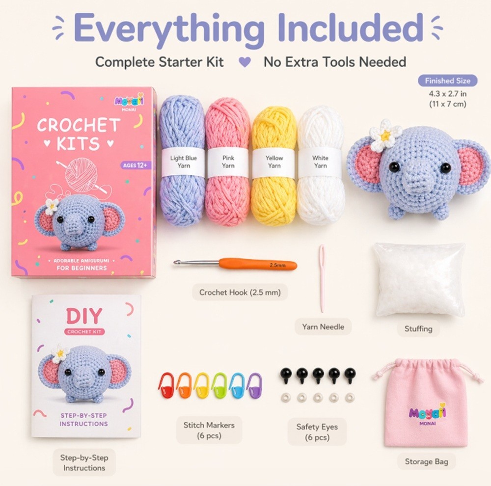Elephant Crochet Kit for Beginners Amigurumi DIY Set with Video Tutorial
