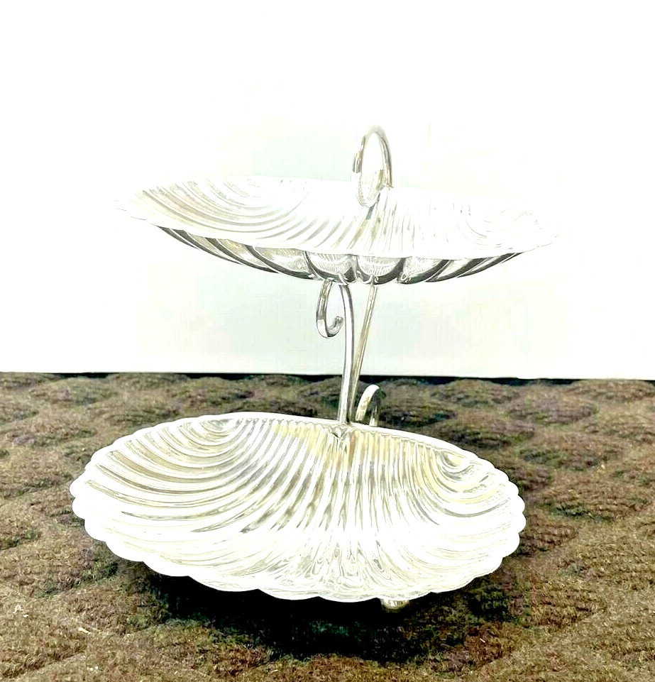 Sterling Silver 2 Tier Shell Dishes Curved Handle Mexico, 204 grams