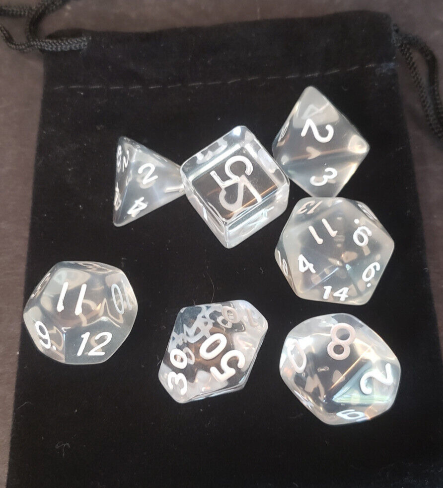 7 polyhedral dice set - Clear Translucent with White Numbers