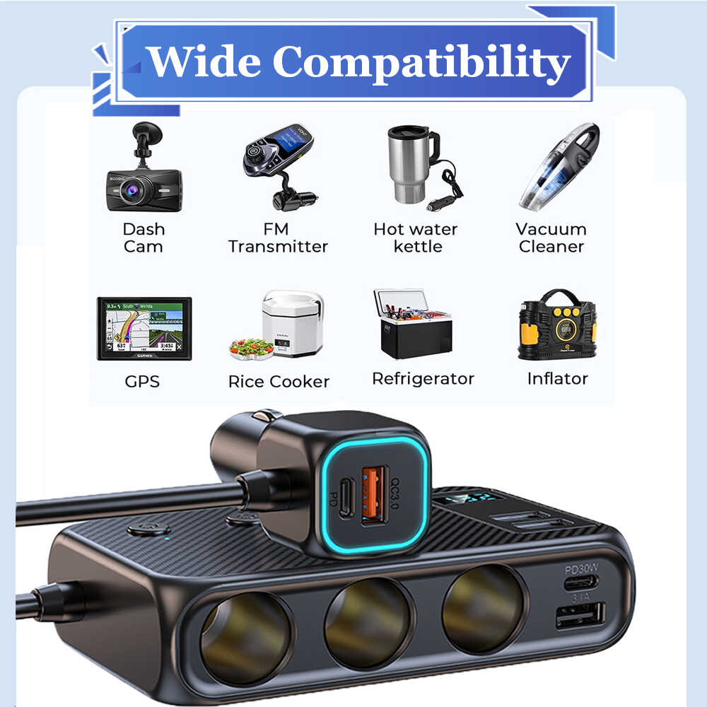 3Way Car Cigarette Lighter Socket USB C Plug Fast Charger Power Adapter Splitter