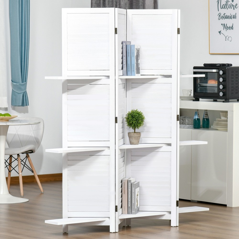 4-Panel Tall Privacy Screen Room Divider with Display Shelves Folding Partition