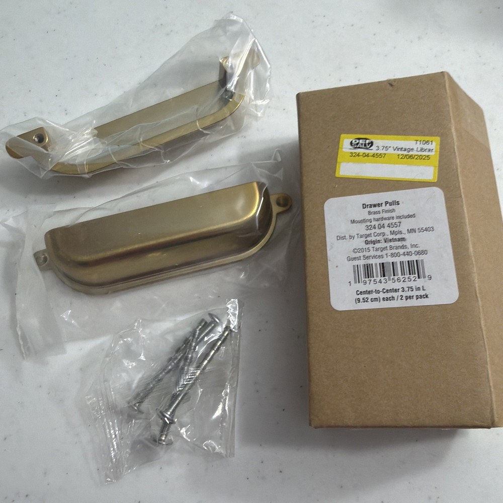 Set 2 Antique Library Cup Style Drawer Pulls Polished Brass Finish Solid 3.75”