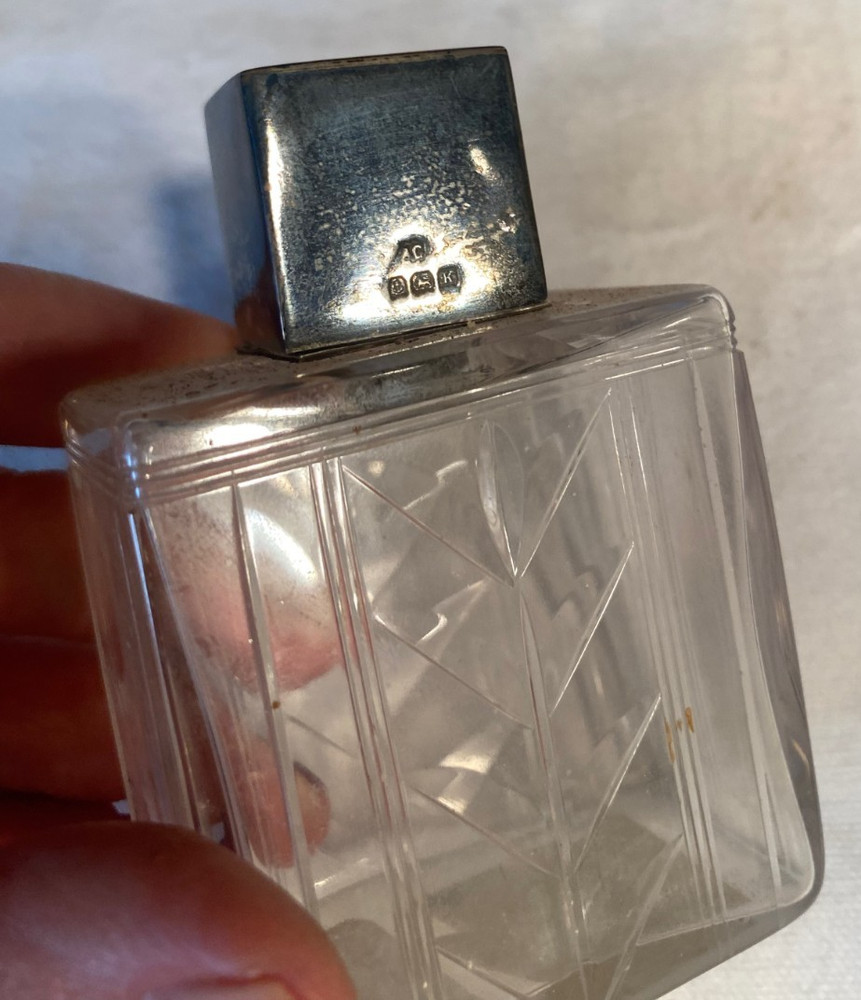 Sterling & Enamel Top Perfume Bottle w Etching & Dauber Insert