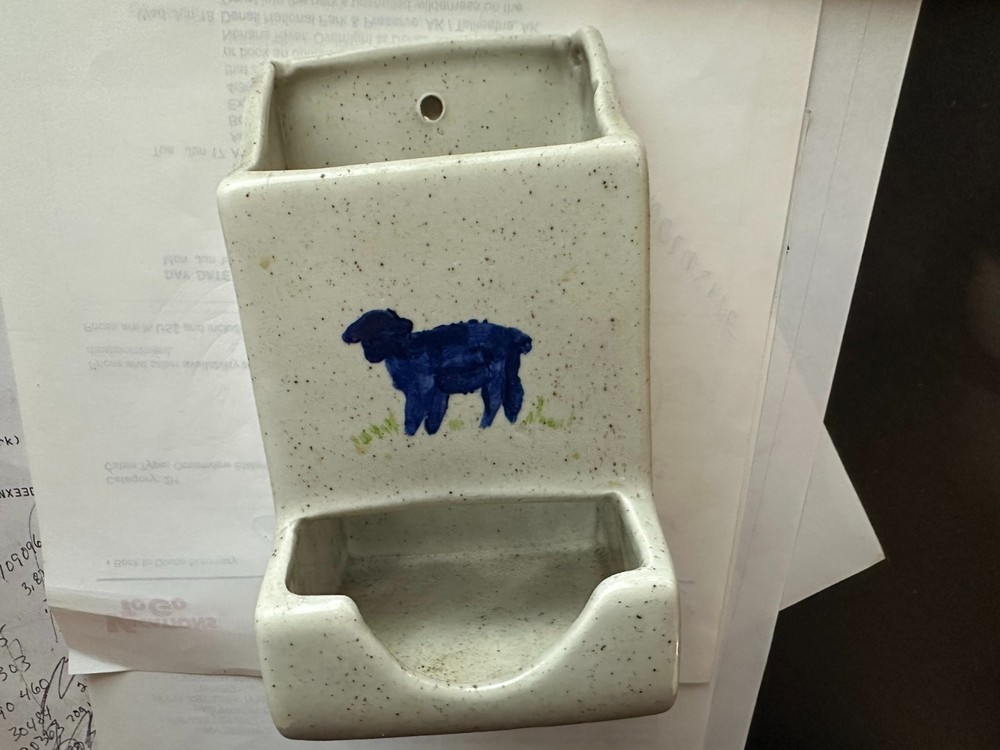 Match Holder Ceramic Wall Mount with Blue Lamb In Grass