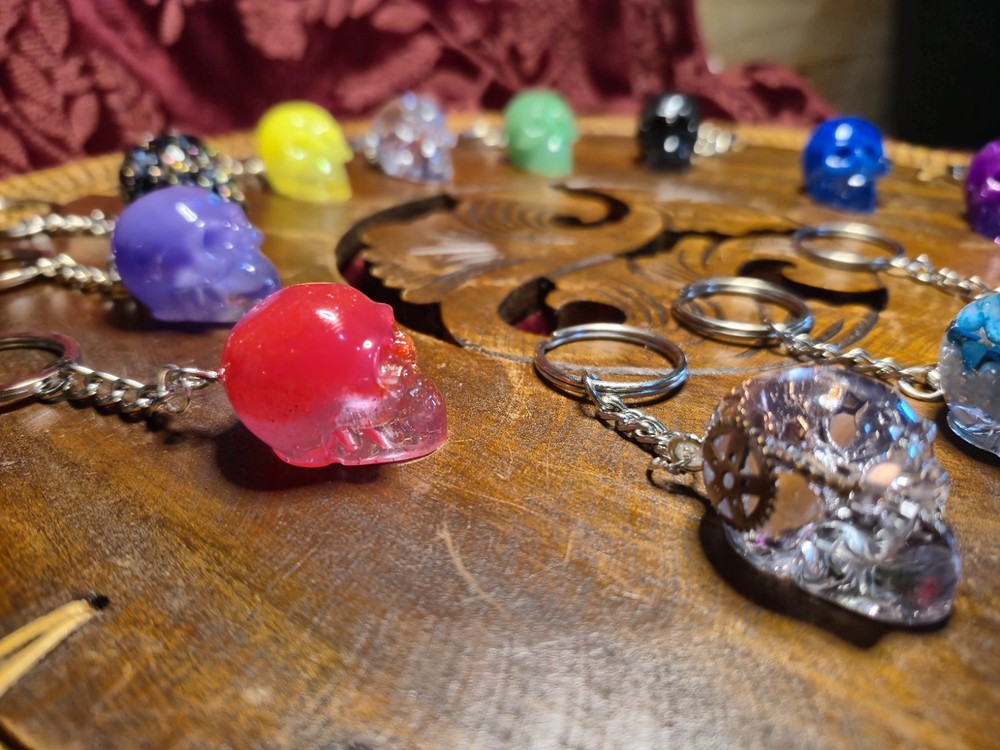 Resin Skull Keychains Brightly Colored , Comes in Multiple Designs