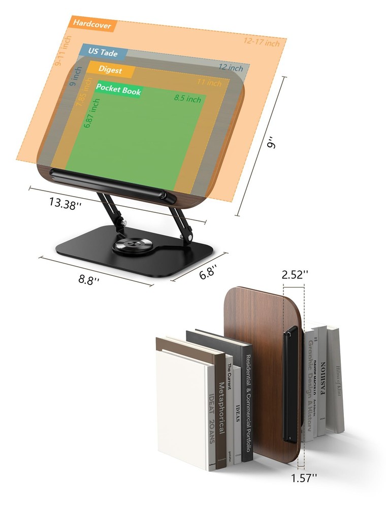 Book Stand for Reading, Adjustable Book Holder with 360° Rotating Base Foldab...