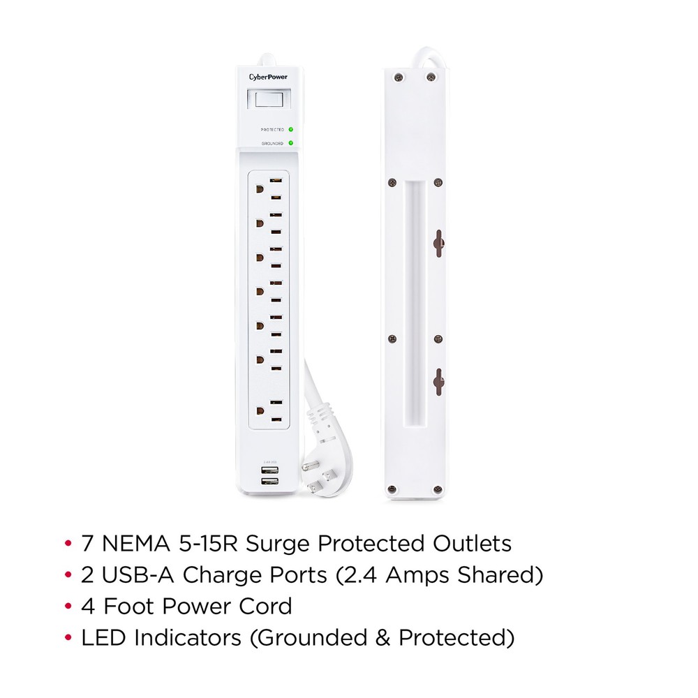 CyberPower P704URC1 Essential 7-Outlet Surge Protector, White