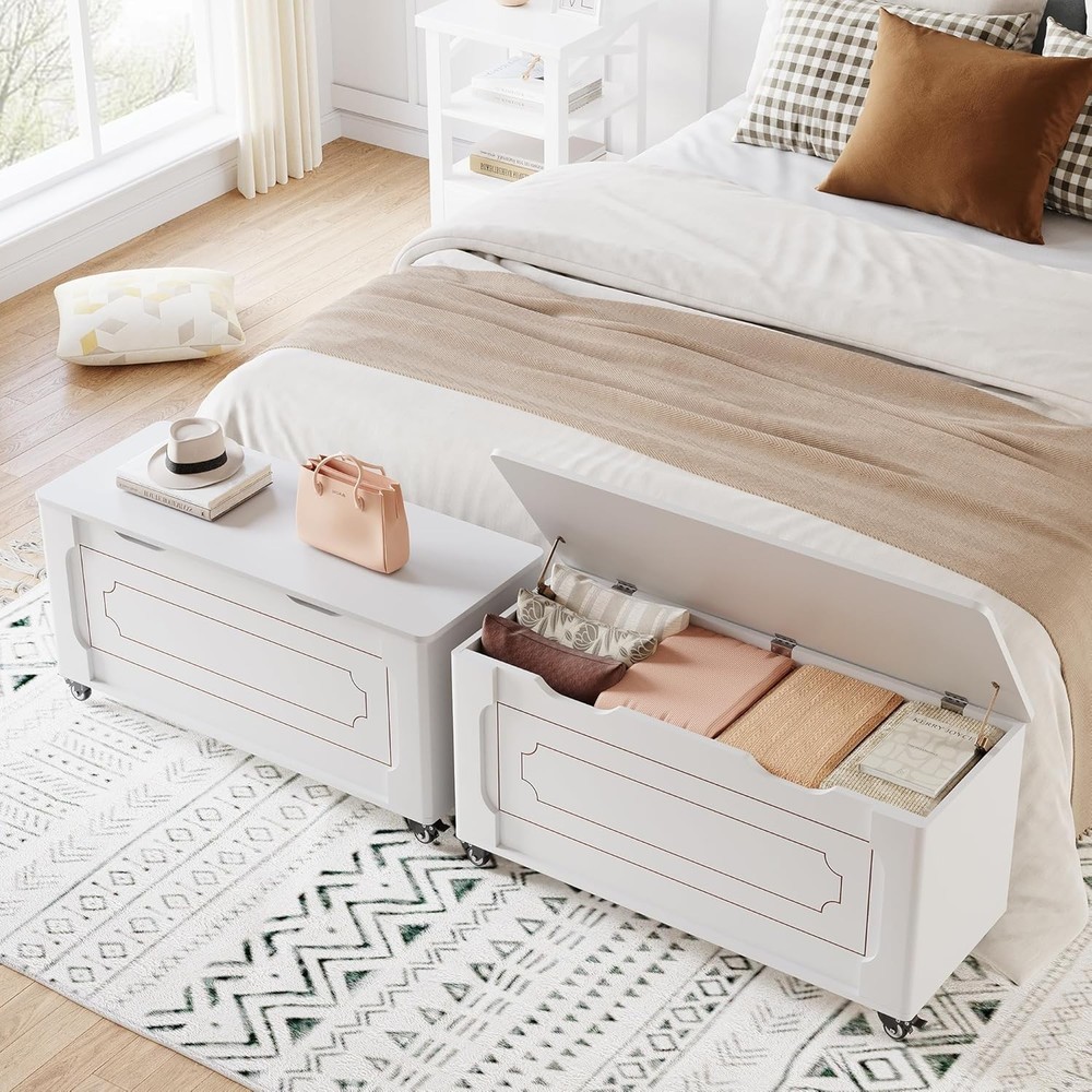 Versatile White Wood Storage Bench, Safety Hinge & Rounded Corner, 350lb Support