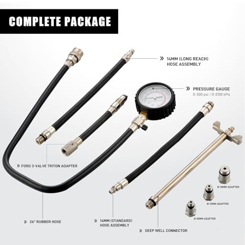 Engine Compression Tester Kit - 0-300 PSI Cylinder Gauge, Spark Plug Adapters fo