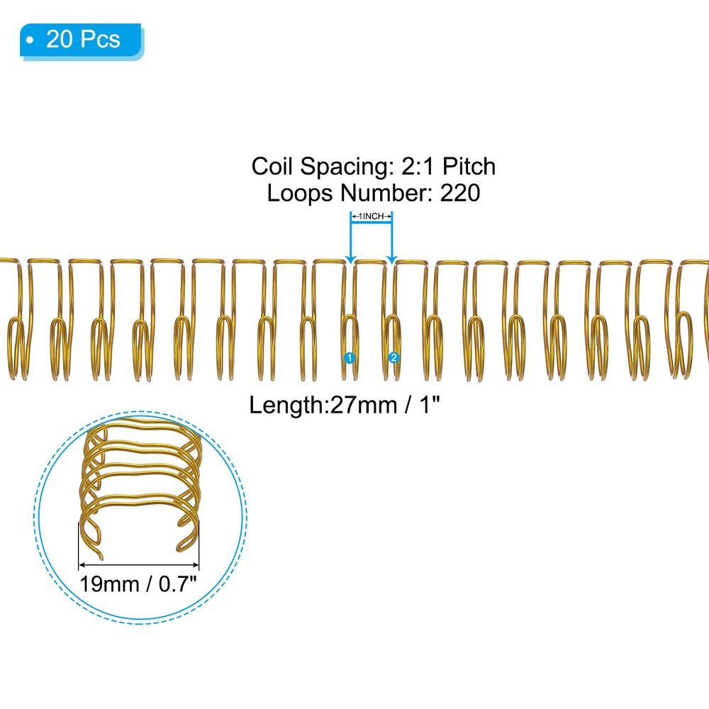 19mm (3/4″) Double Loop Wire Binding Combs, 20 Pcs, 2:1 Pitch, Gold Tone