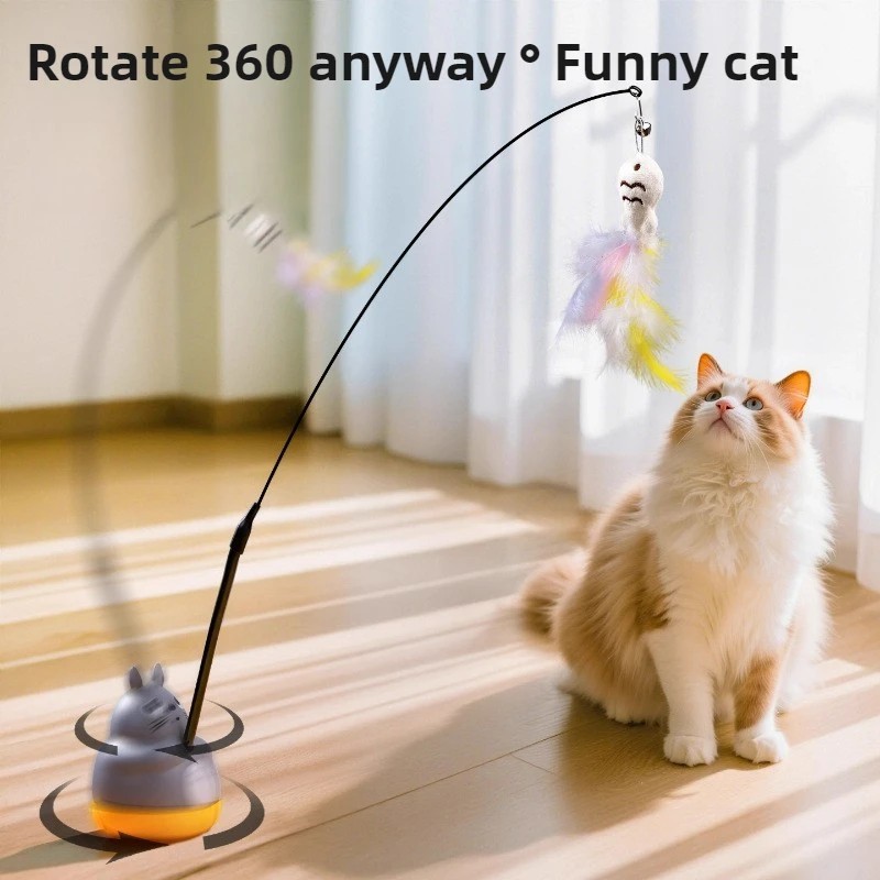 Interactive Cat Teaser Toy 360 Rotating Feather Wand Suction Base Fun